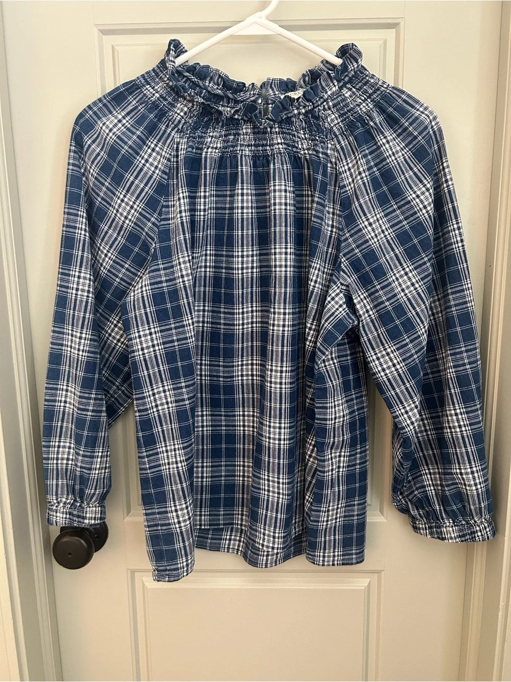 J. Crew Blue and White Plaid Ruffle-Neck Blouse